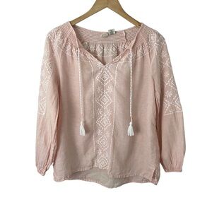 Joie 100% Linen Embroidered Peasant Top Pink White Embroidered Boho Sz S